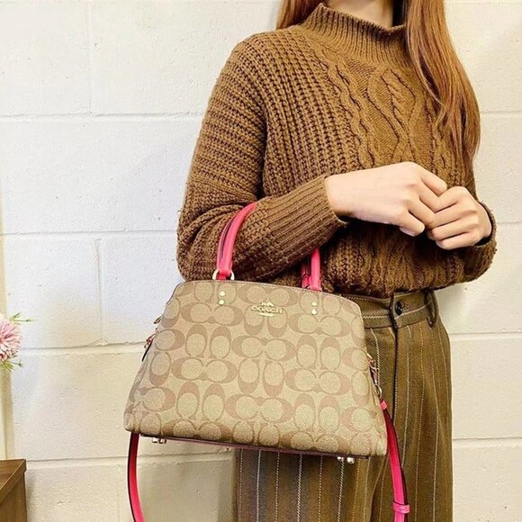 Coach 91494 Mini Lillie Carryall In Signature Canvas In Khaki Electric Pink - Picture 1 of 7